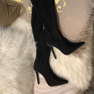 Fabric high heel knee high boots